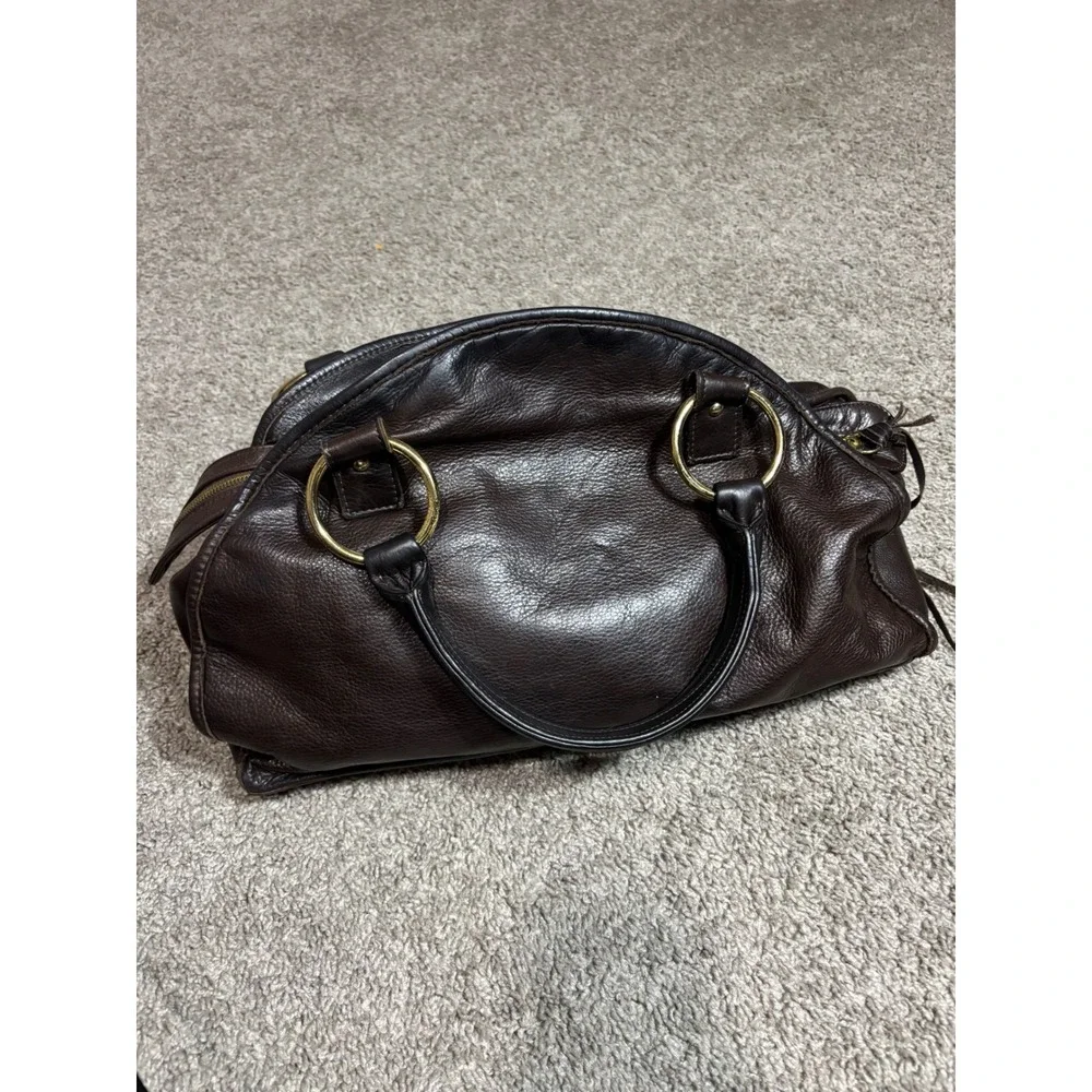 Bulga Dark Brown Pebbled Leather Satchel Hobo Bag Gold Ring Hardware